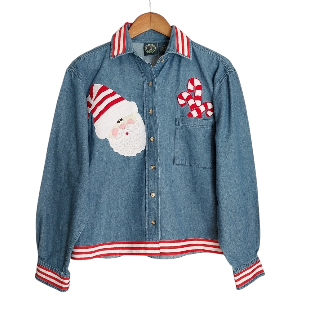 Vintage 90’s Lighthouse Apparel Christmas Denim Shirt Womens Small Cottagecore